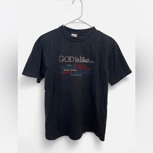 God Is Like… black tee shirt with multi-coloured graphics size medium